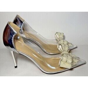Ling Mei Shoes - Clear Heels with Oversized Crystal Bow Silver/Gold - EU39, W8.5